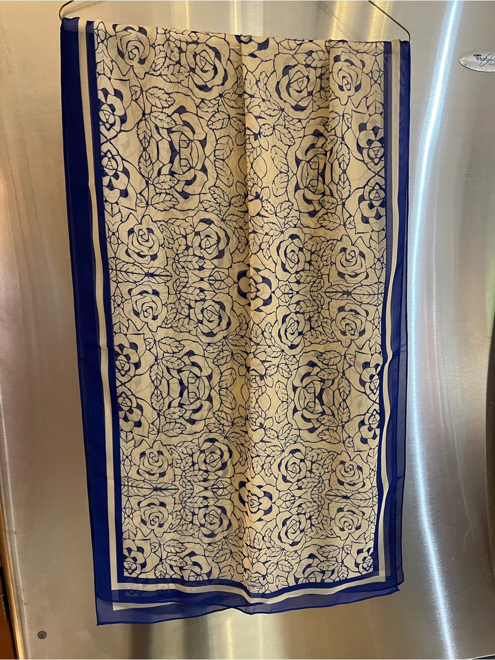 Elegant Navy and Cream Floral Geometric Silk Scarf NWOT